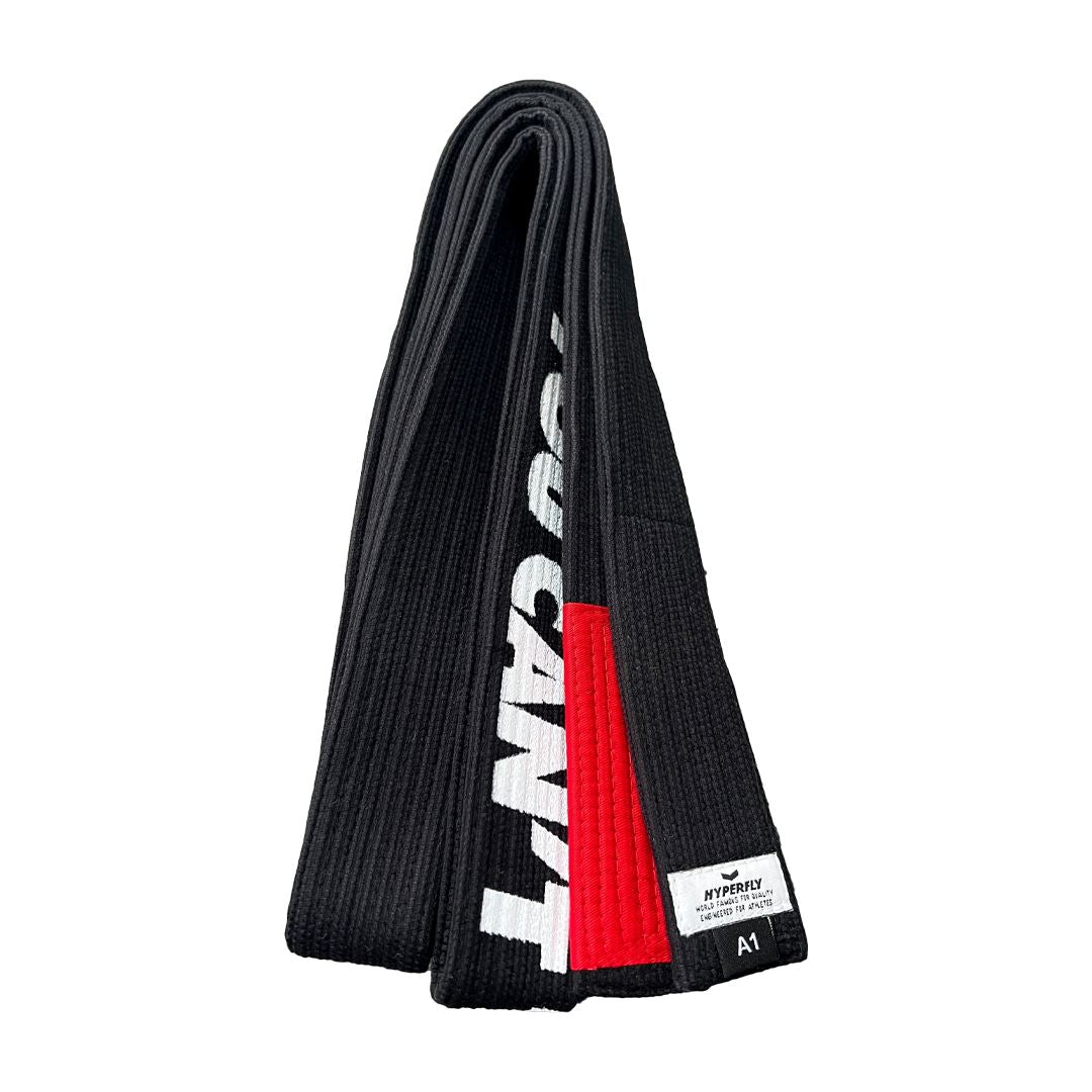 YCTH. Black Belt with White Lettering Gi Belt Hyperfly Black - Red Bar A0 